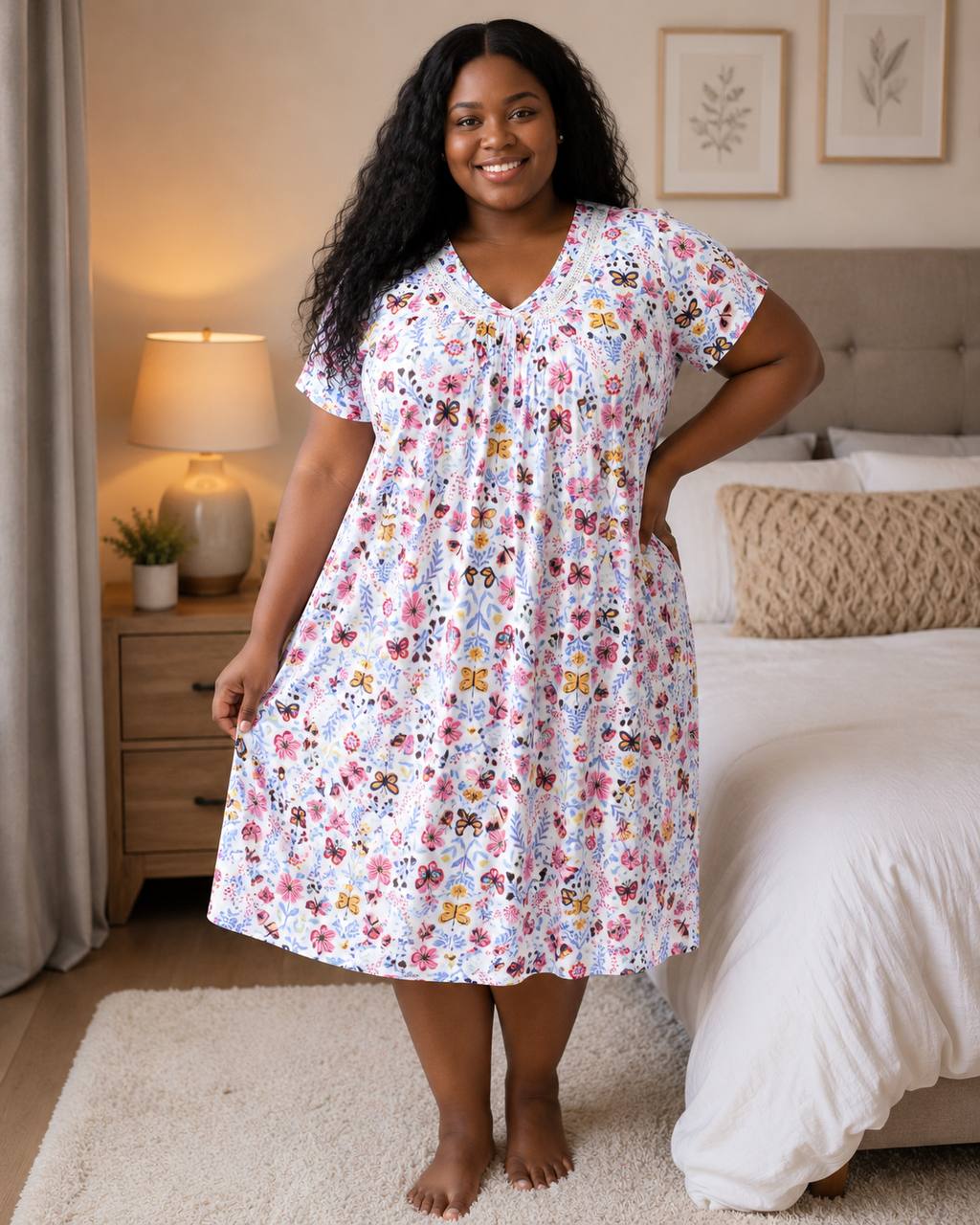 Women’s Plus Size Ultra-Soft Short Sleeve Muumuu – Gathered V-Neck Knit Sleep Dress & Loungewear - Image 3
