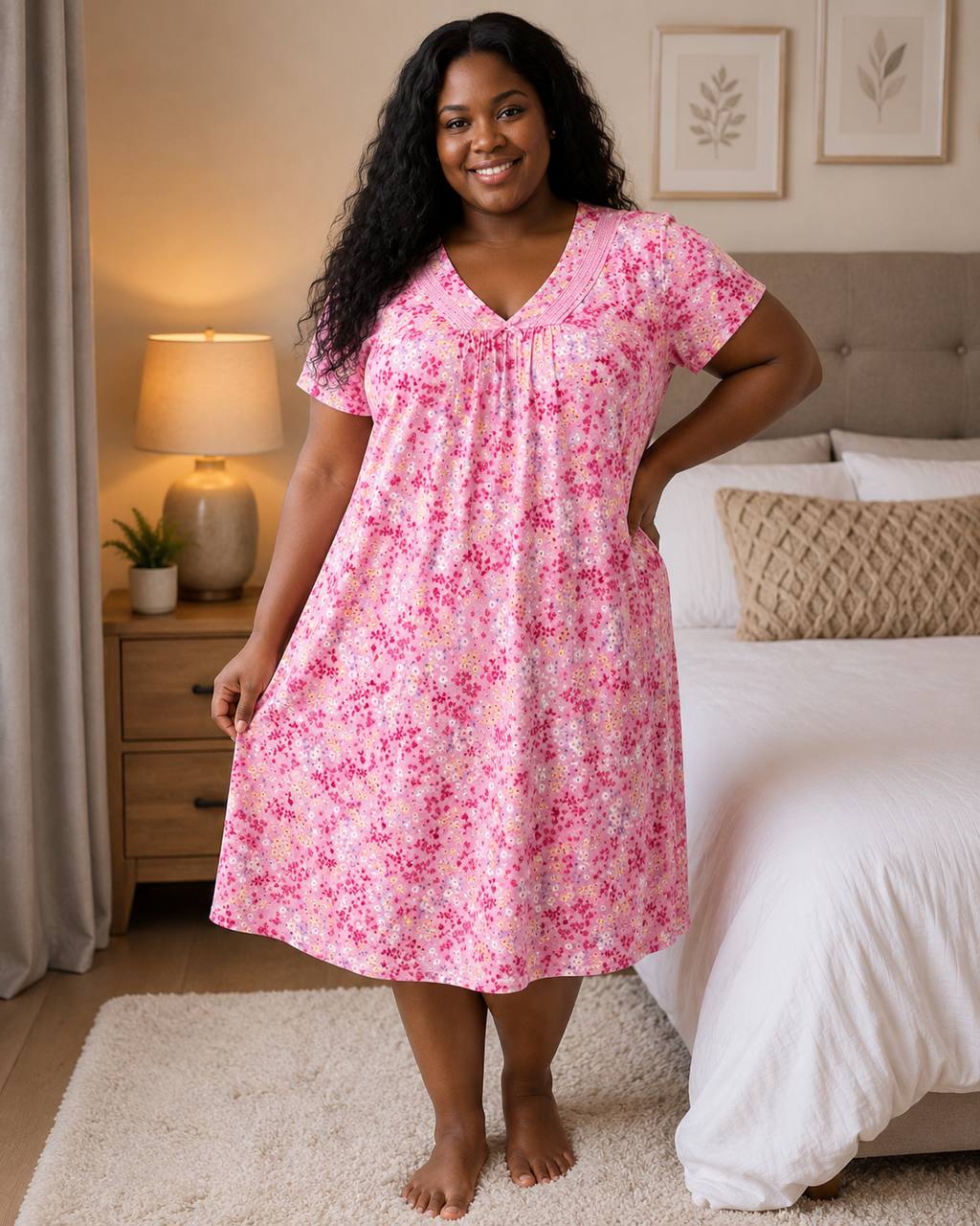 Women’s Plus Size Ultra-Soft Short Sleeve Muumuu – Gathered V-Neck Knit Sleep Dress & Loungewear - Image 2