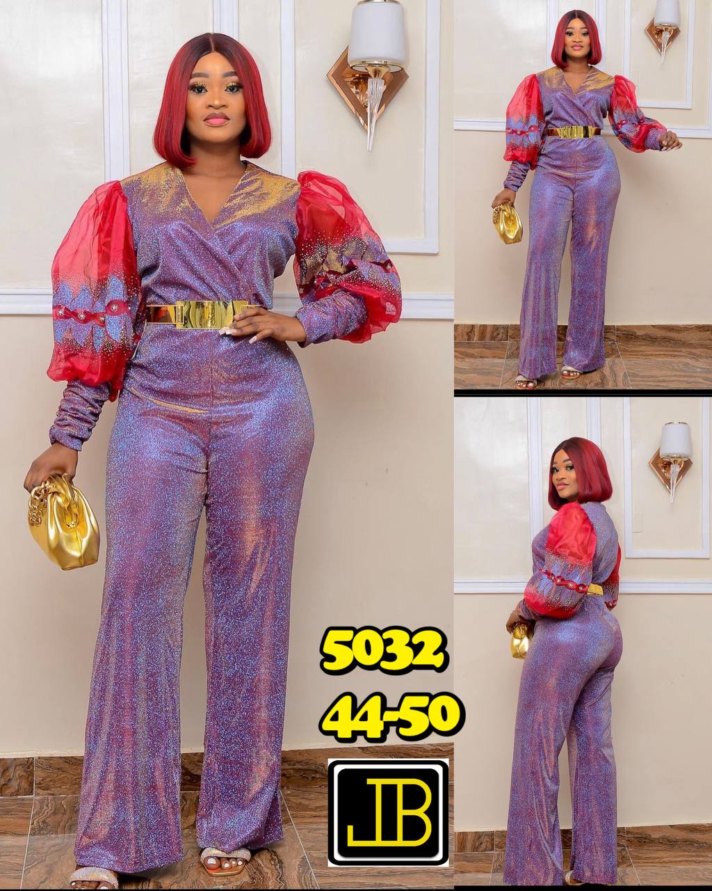Women's Metallic Glitter Wide-Leg Jumpsuit with Sheer Organza
