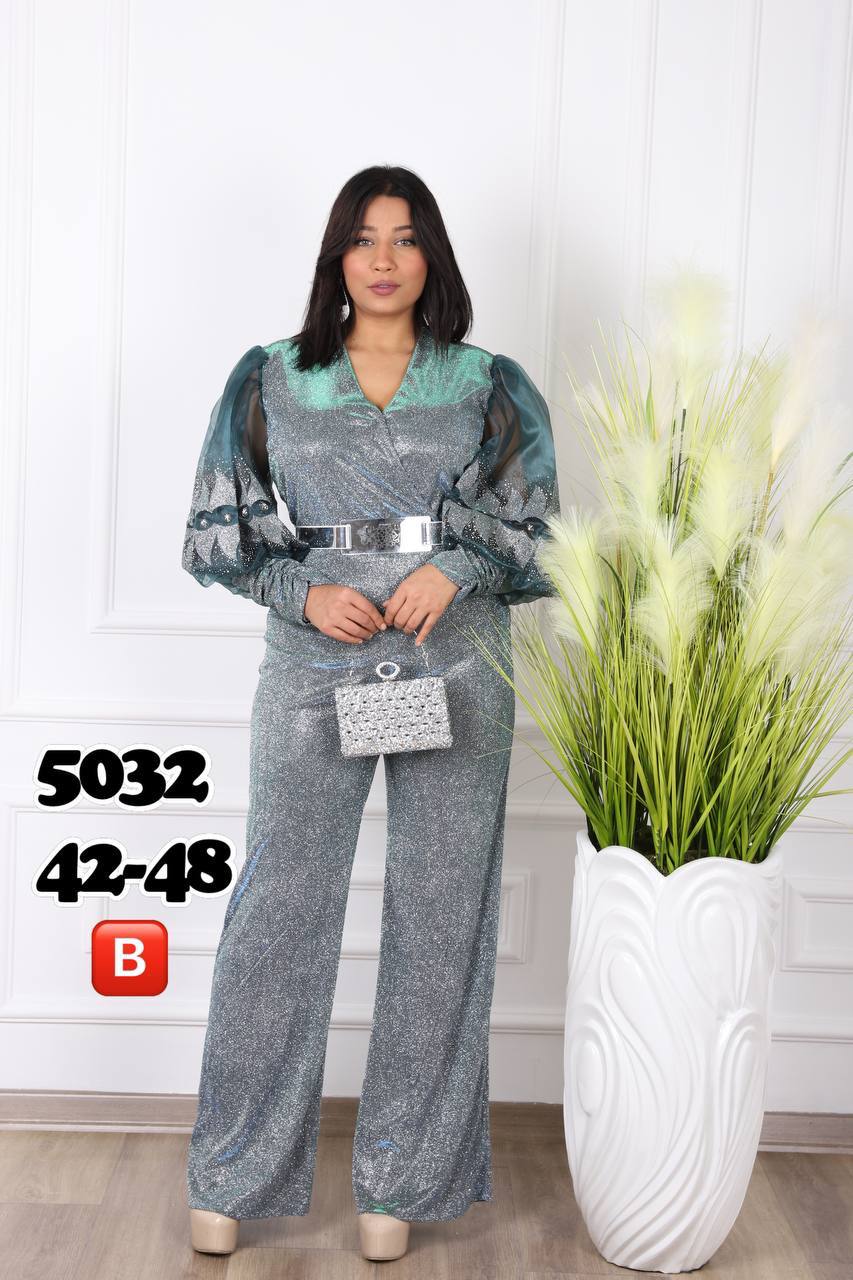 Women's Metallic Glitter Wide-Leg Jumpsuit with Sheer Organza - Image 3