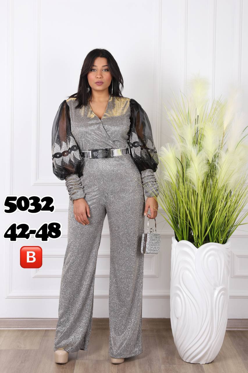 Women's Metallic Glitter Wide-Leg Jumpsuit with Sheer Organza - Image 7