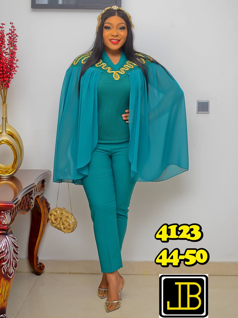 Premium Asymmetric Gold-Lace Peplum Blouse & Trouser Set - Image 5