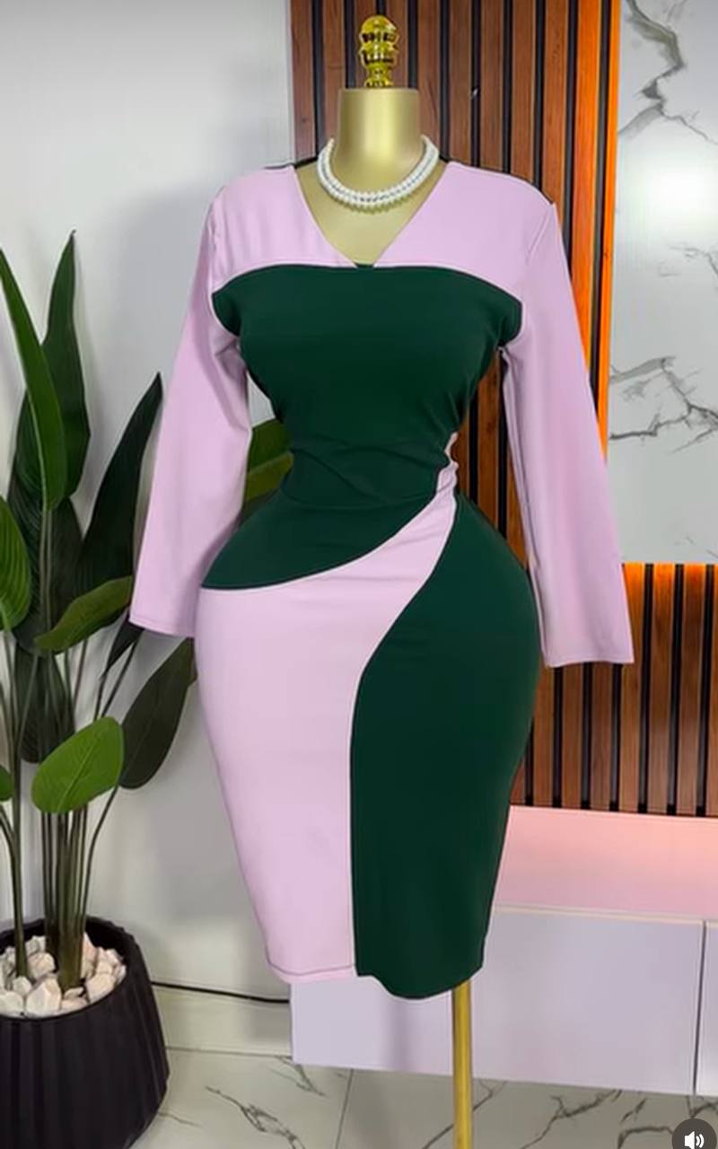 Women's Elegant Pastel V-Neck Long Sleeve Corporate Pencil Dress