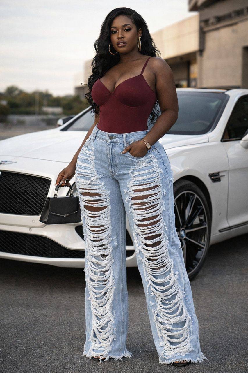Bold High-Waist Wide-Leg Distressed Statement Denim Jeans