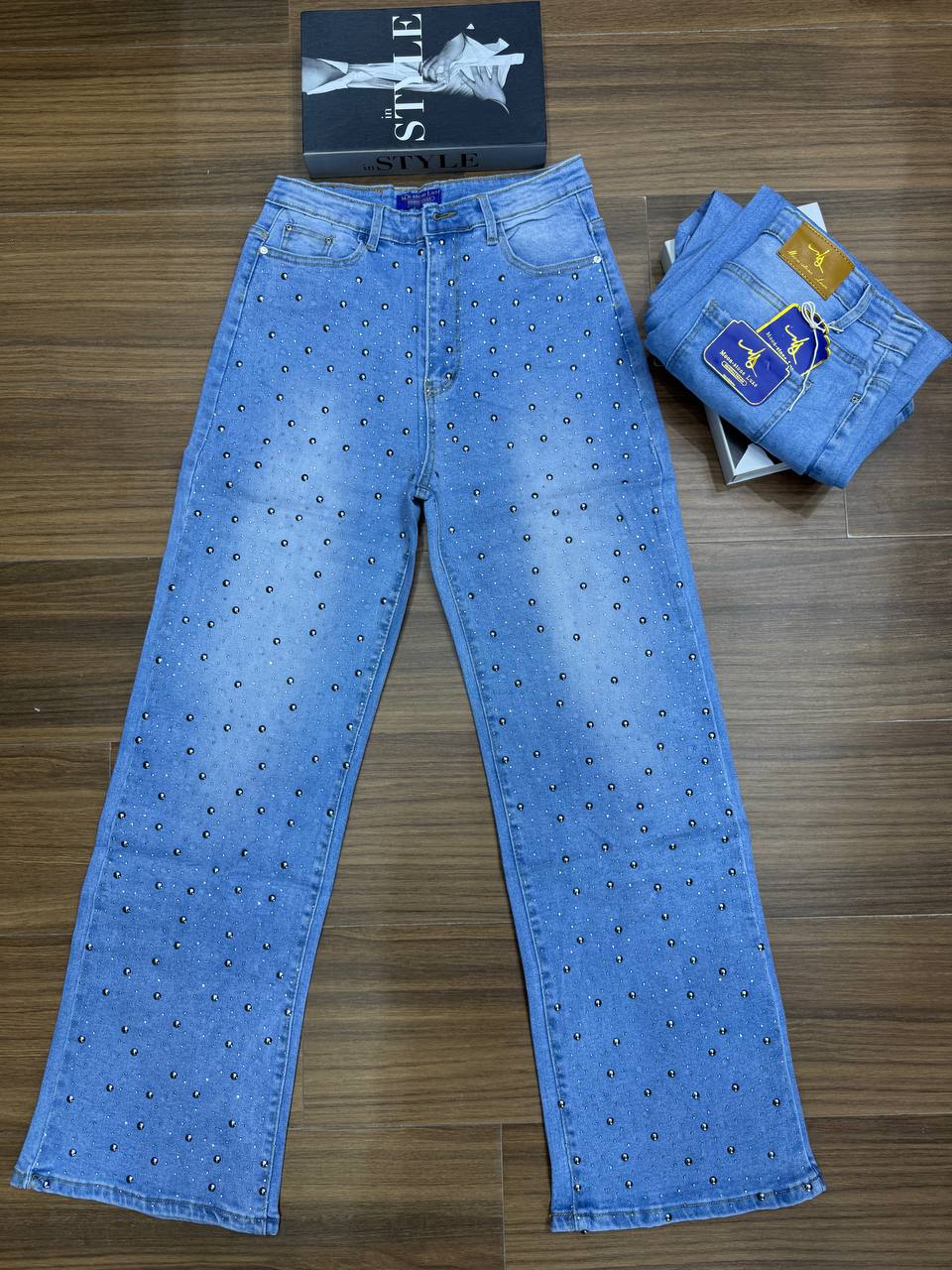 Premium Rhinestone-Studded High-Waist Wide-Leg Denim Jeans