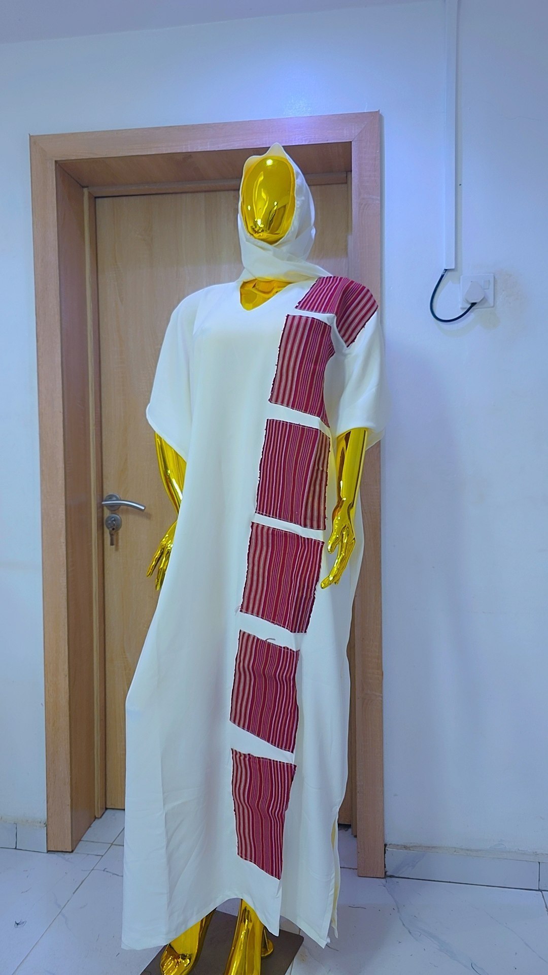 Premium Chartreuse Crepe Boubou Gown with Handwoven Aso Oke Accent Panels - Image 2