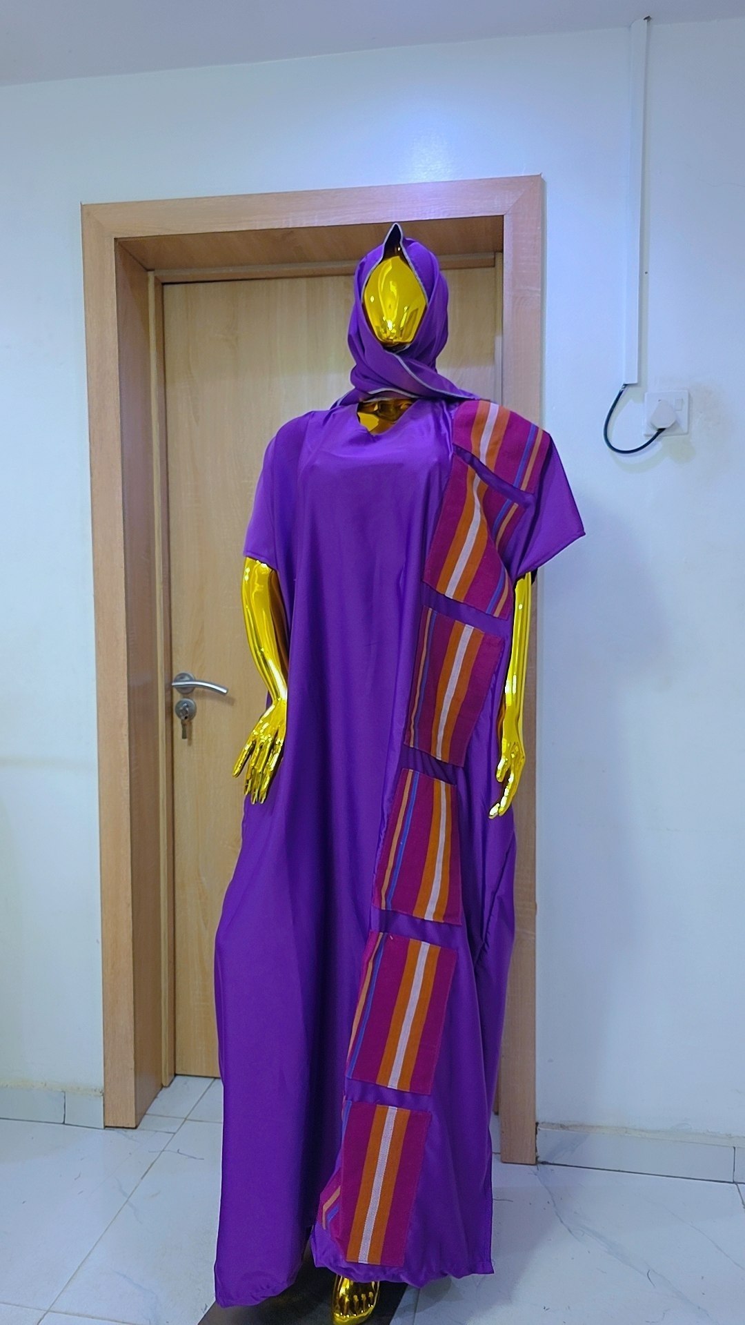 Premium Chartreuse Crepe Boubou Gown with Handwoven Aso Oke Accent Panels - Image 3