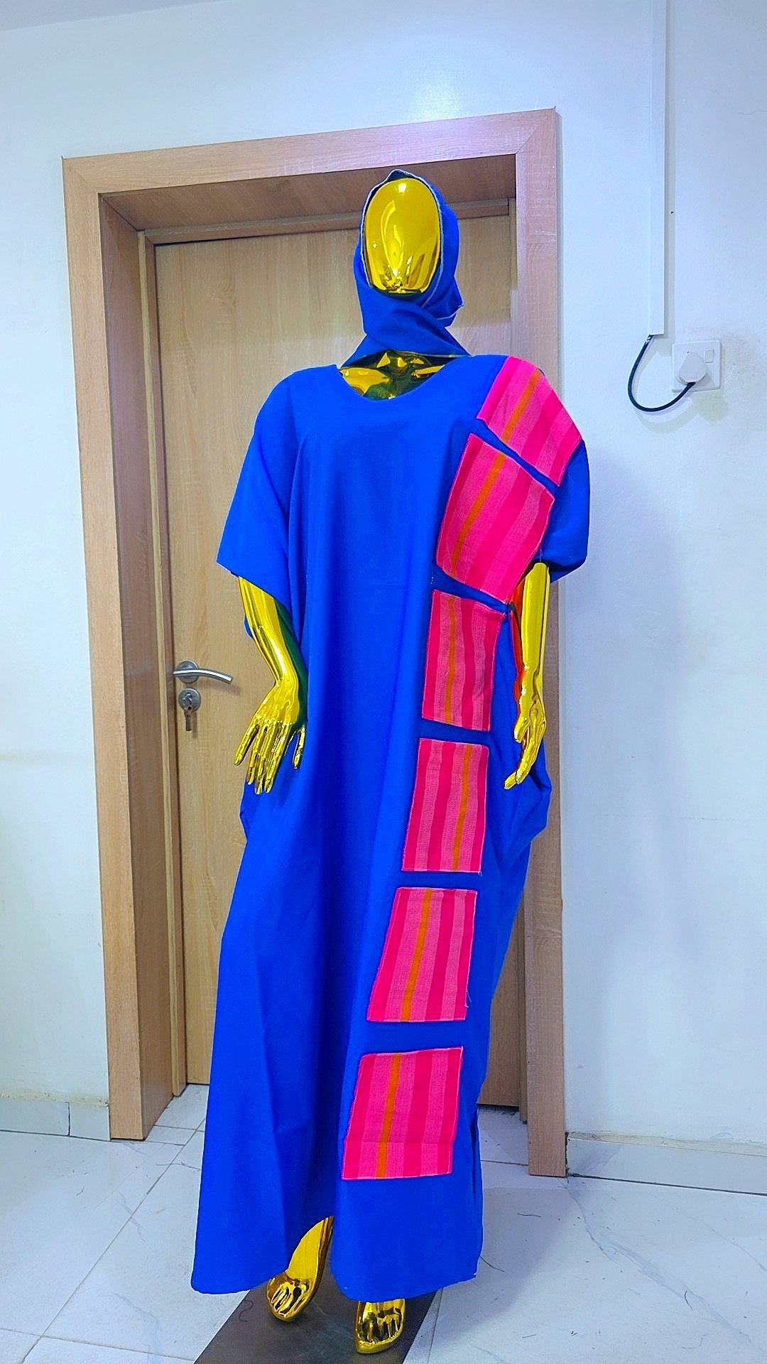 Premium Chartreuse Crepe Boubou Gown with Handwoven Aso Oke Accent Panels - Image 4