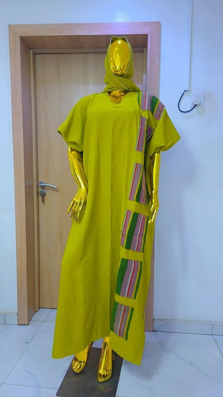 Premium Chartreuse Crepe Boubou Gown with Handwoven Aso Oke Accent Panels