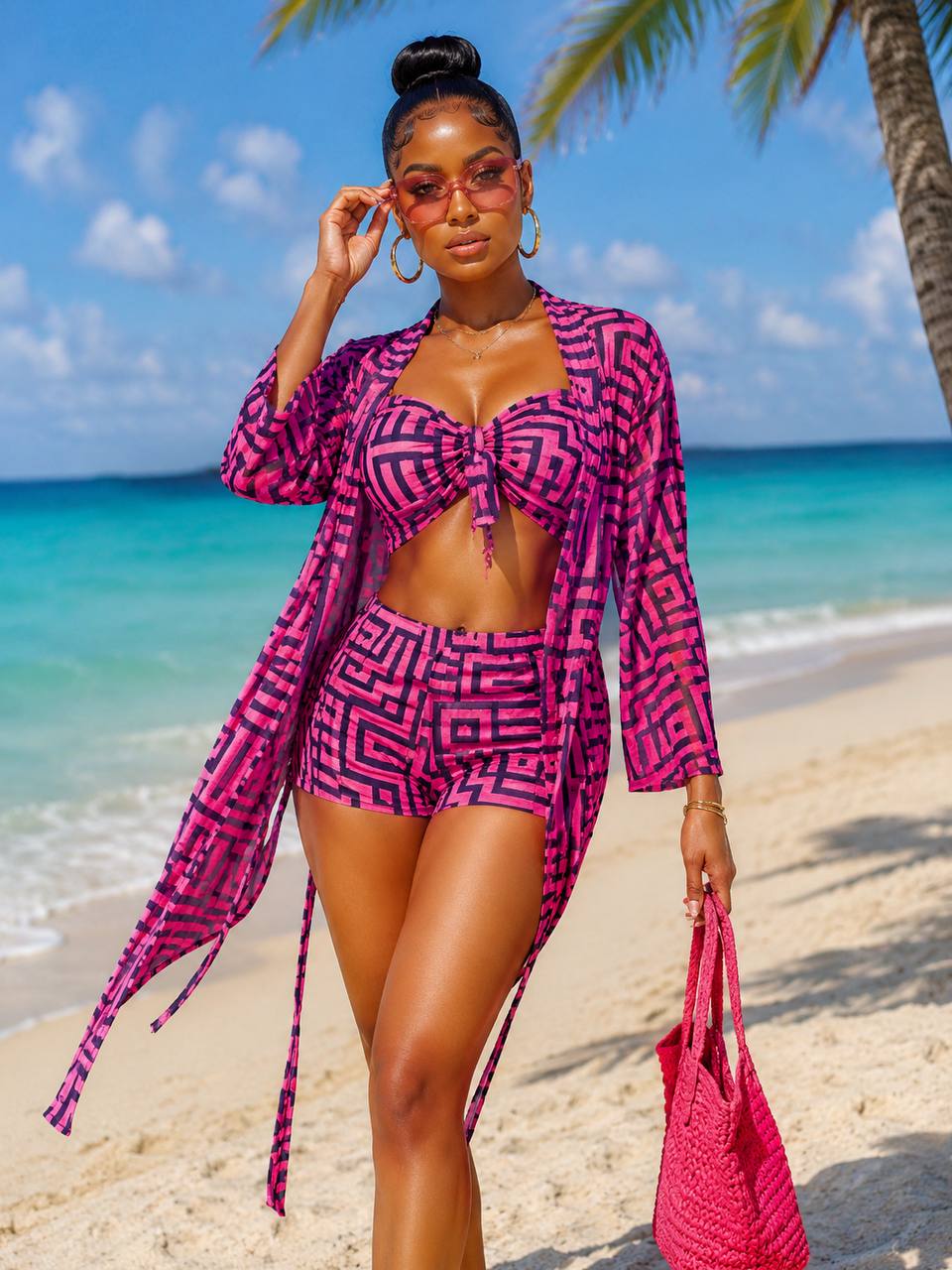 Geometric Print Bikini Top, High-Waisted Shorts & Matching Long Kimono Cover-Up