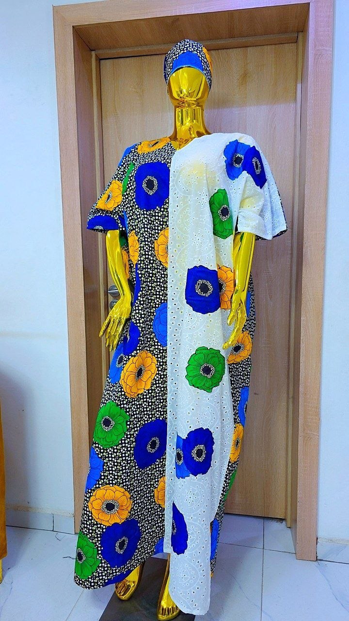 Premium Mixed-Media Floral Ankara & Swiss Eyelet Lace Boubou Gown
