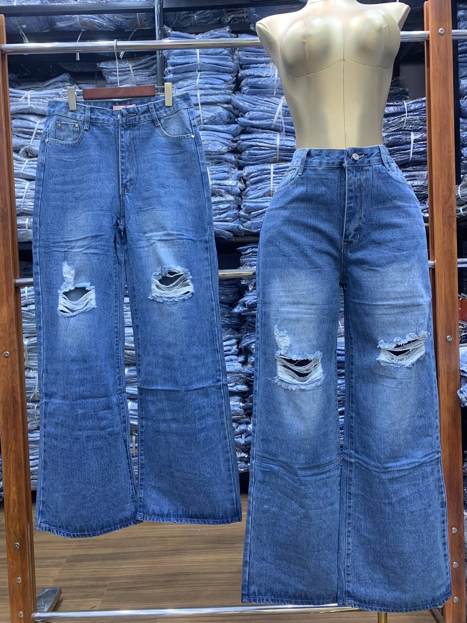 Distressed High-Waist Wide-Leg Denim Trousers