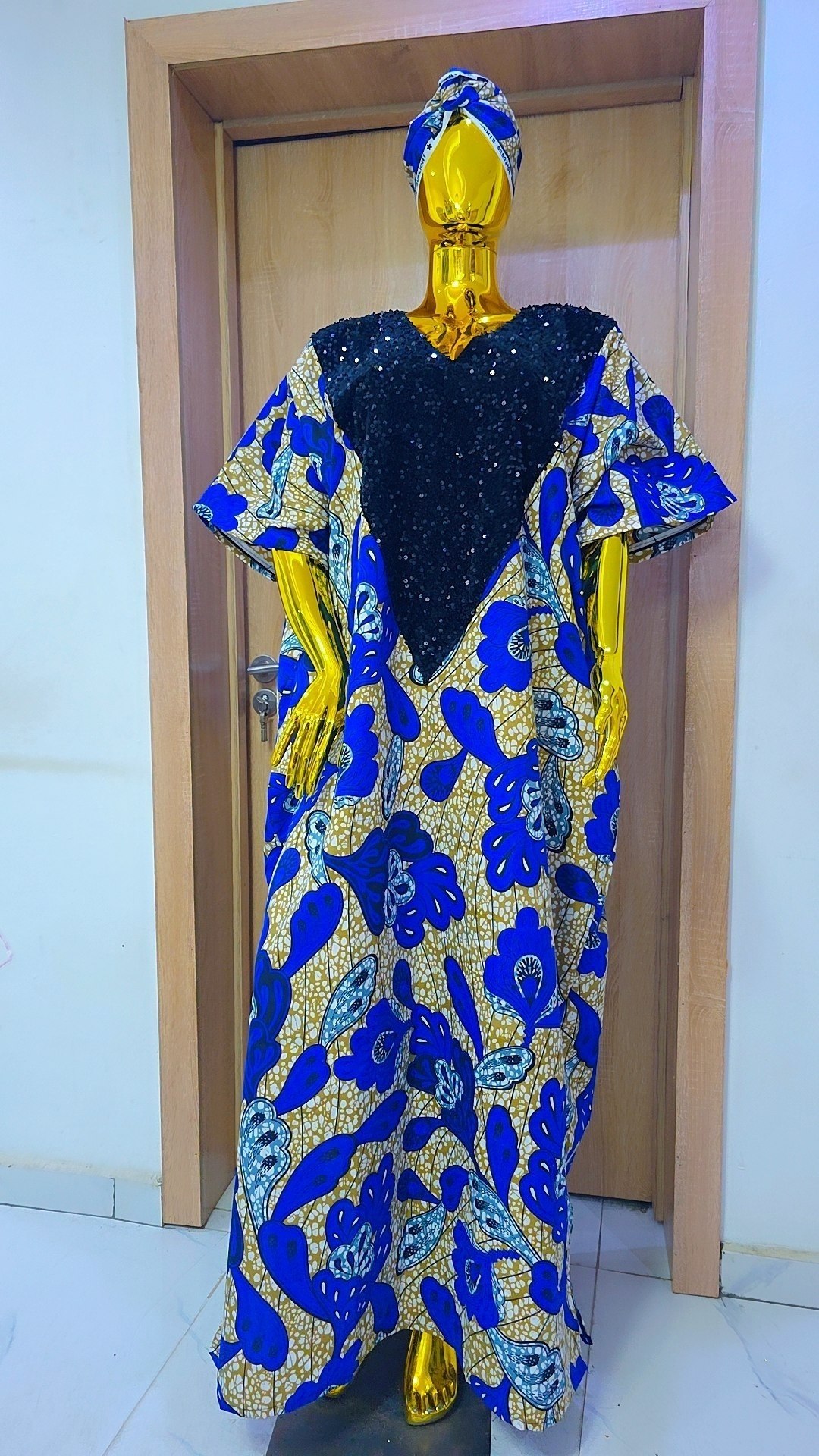 Premium Royal Blue & Ochre Floral Boubou Gown with Sequin V-Neck