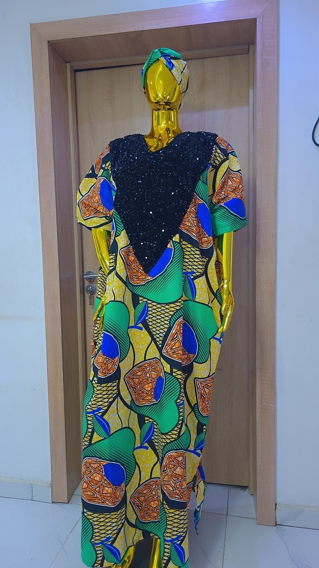Multicolored Abstract Geometric Boubou Gown with Sequin V-Neck
