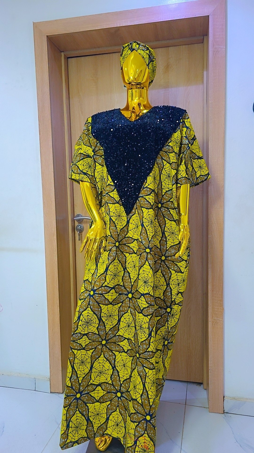 Webbed Floral Boubou Gown with Sequin V-Neck