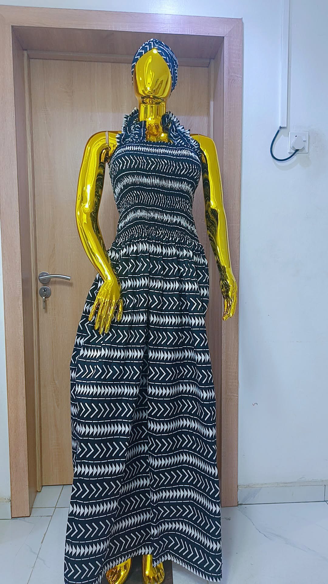 Premium Indigo Chevron Smocked Maxi Gown