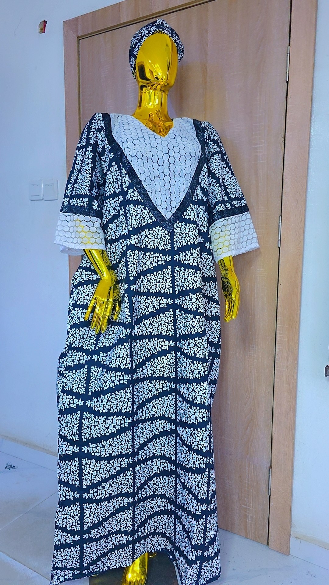 Aztec Vortex Boubou Gown with Ochre Lace & Sequined Trim