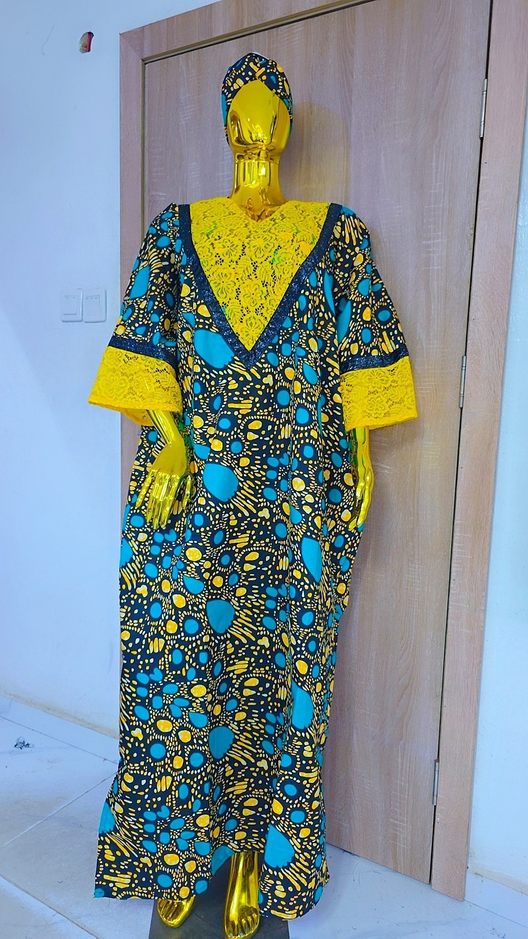 Aztec Vortex Boubou Gown with Ochre Lace & Sequined Trim - Image 3