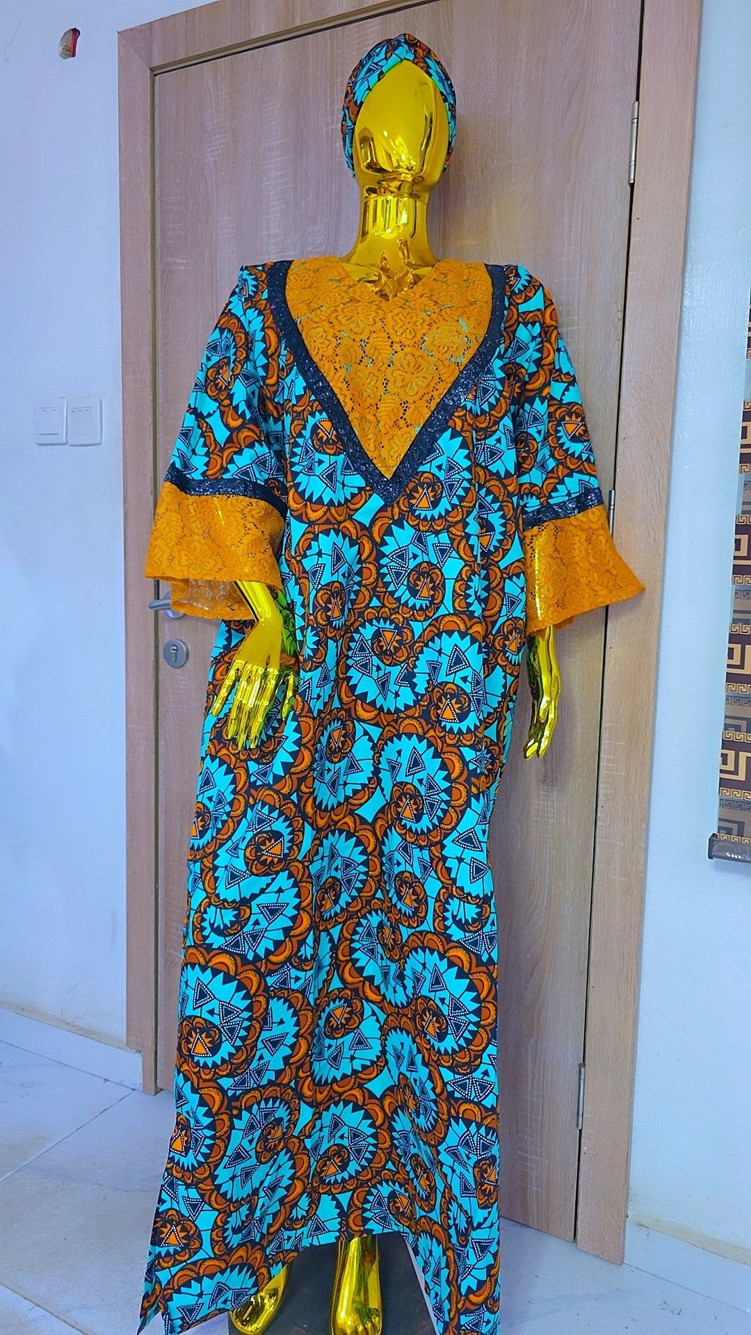 Aztec Vortex Boubou Gown with Ochre Lace & Sequined Trim - Image 4