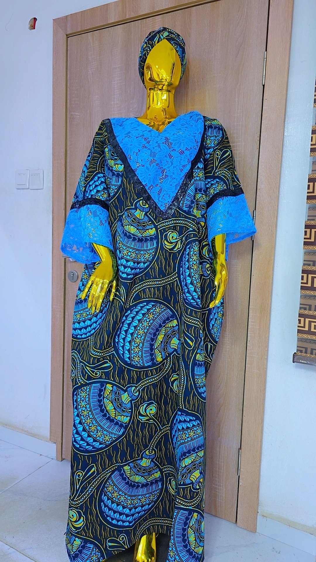 Aztec Vortex Boubou Gown with Ochre Lace & Sequined Trim - Image 5