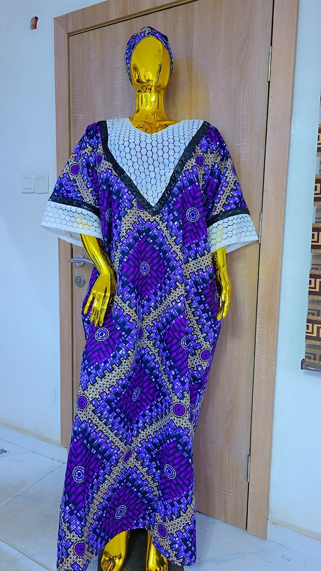 Aztec Vortex Boubou Gown with Ochre Lace & Sequined Trim - Image 6