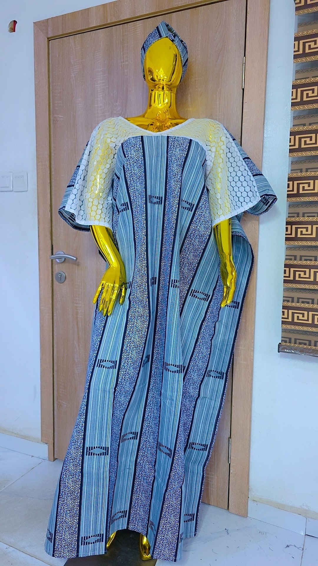 Traditional Stripe Boubou Gown with White Mesh Yoke Accent