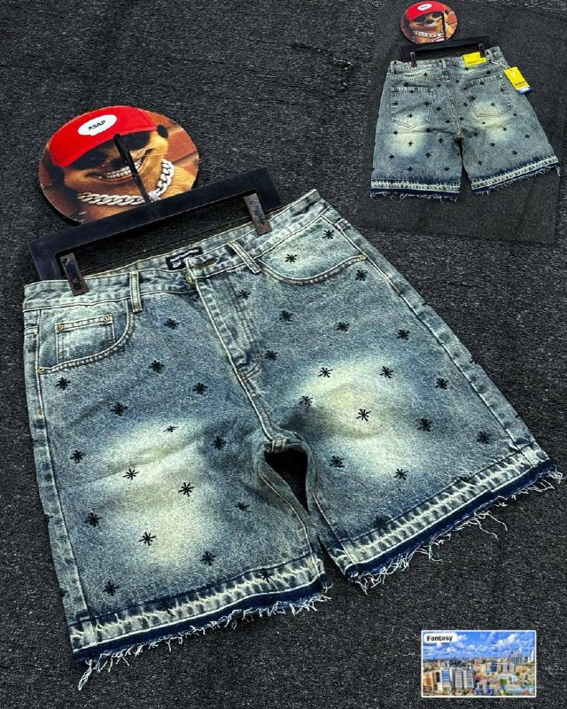 Men's Rhinestone Cross Patched Denim Shorts - Image 4