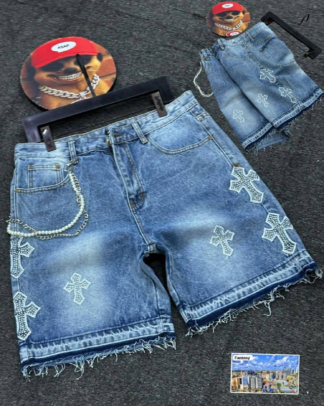 Men's Rhinestone Cross Patched Denim Shorts