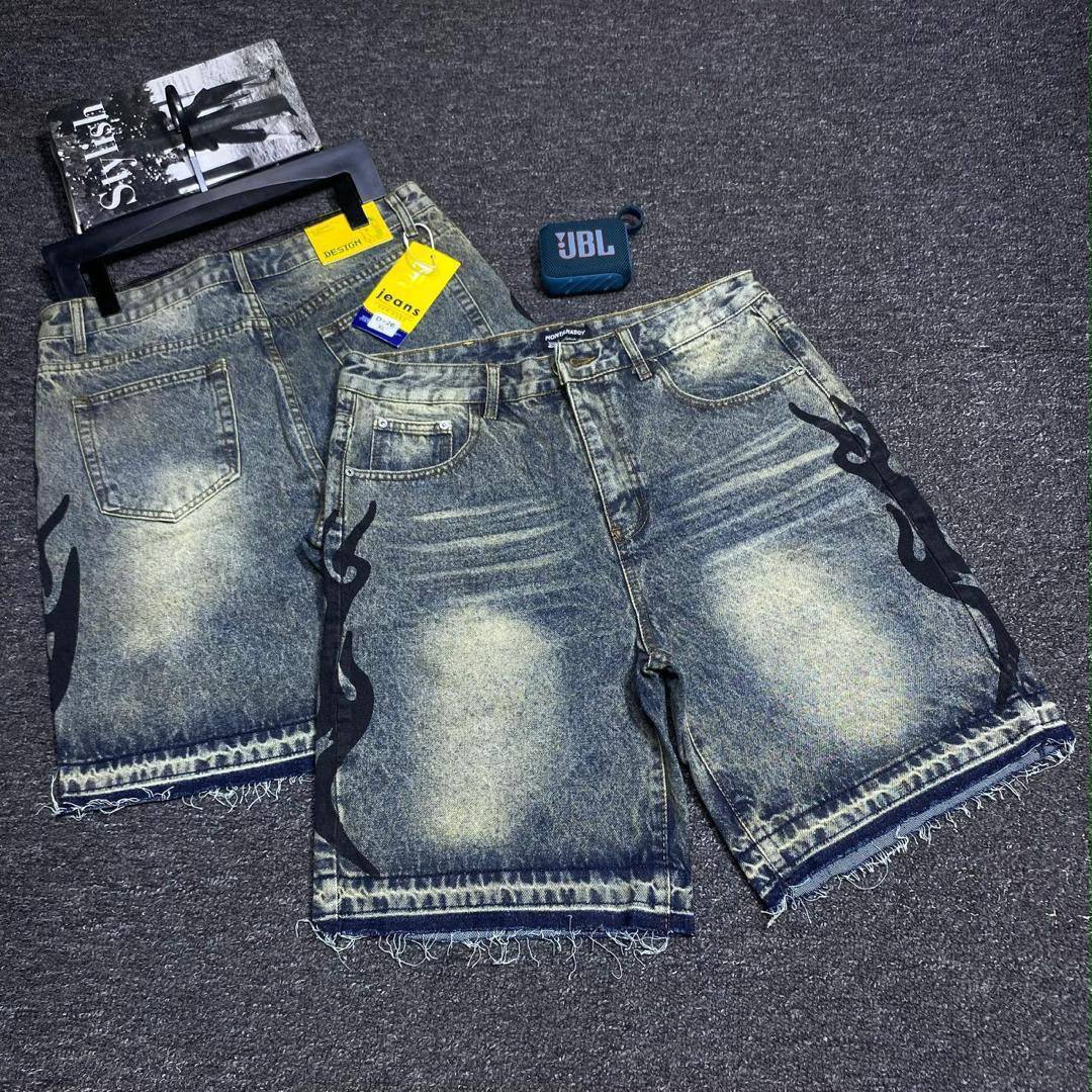 Men's Vintage Acid Wash Flame Patched Denim Shorts