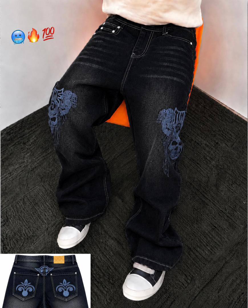 Men's Gothic Angel Wing Graphic Baggy Jeans - Image 4