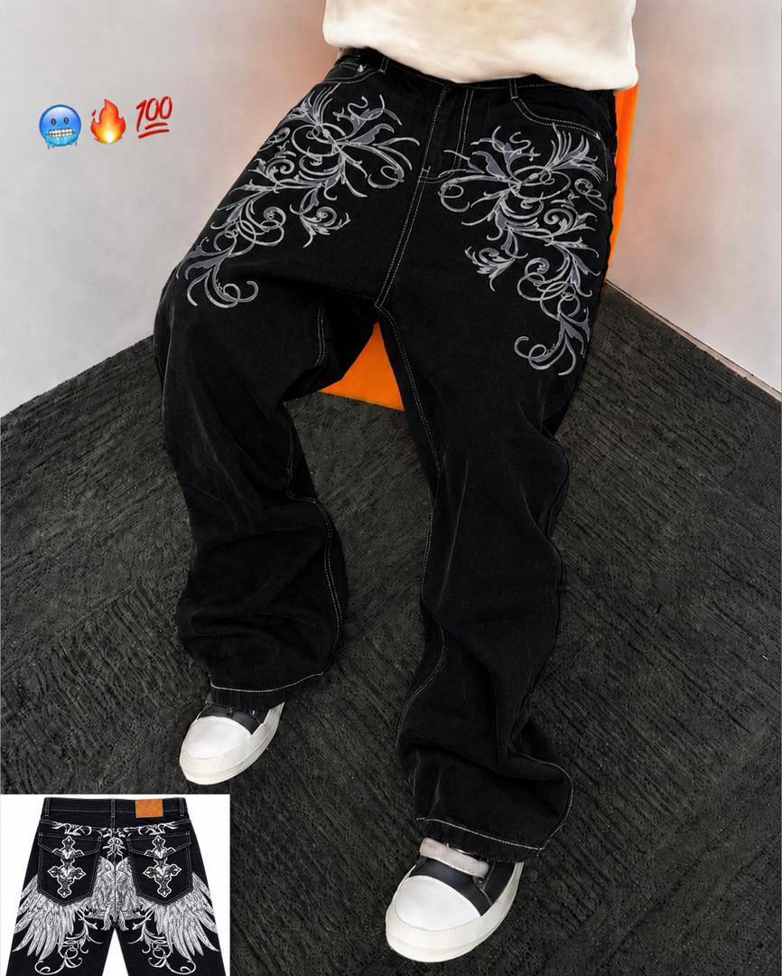 Men's Gothic Angel Wing Graphic Baggy Jeans