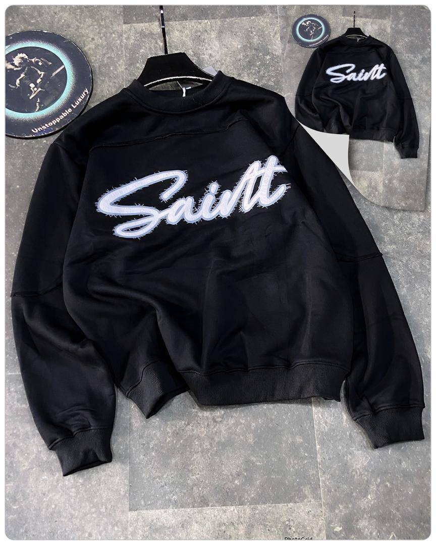 Men's "Saint" Distressed Applique Fleece Crewneck Sweatshirt