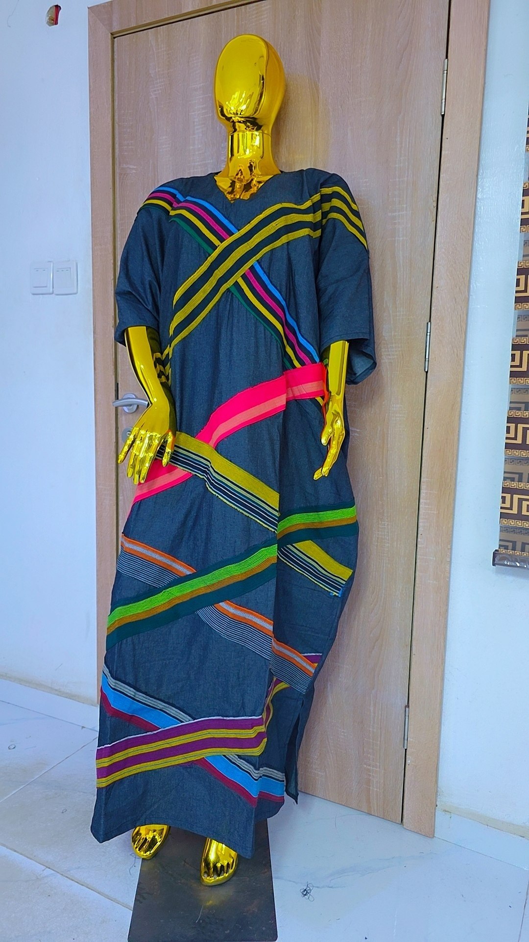 African Boubou Gown Multi-Color Stripe & Patchwork - Image 2