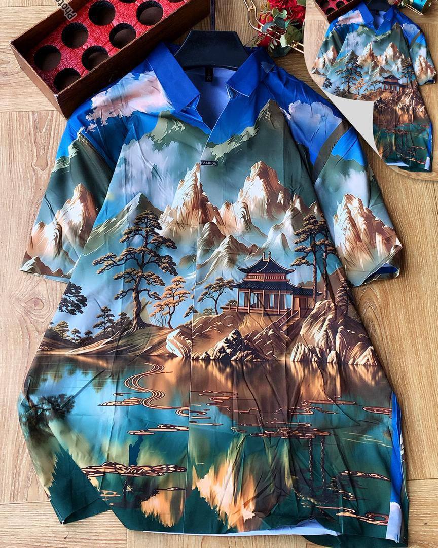 Men's Luxury Oriental Mountain Landscape Button-Up Shirt