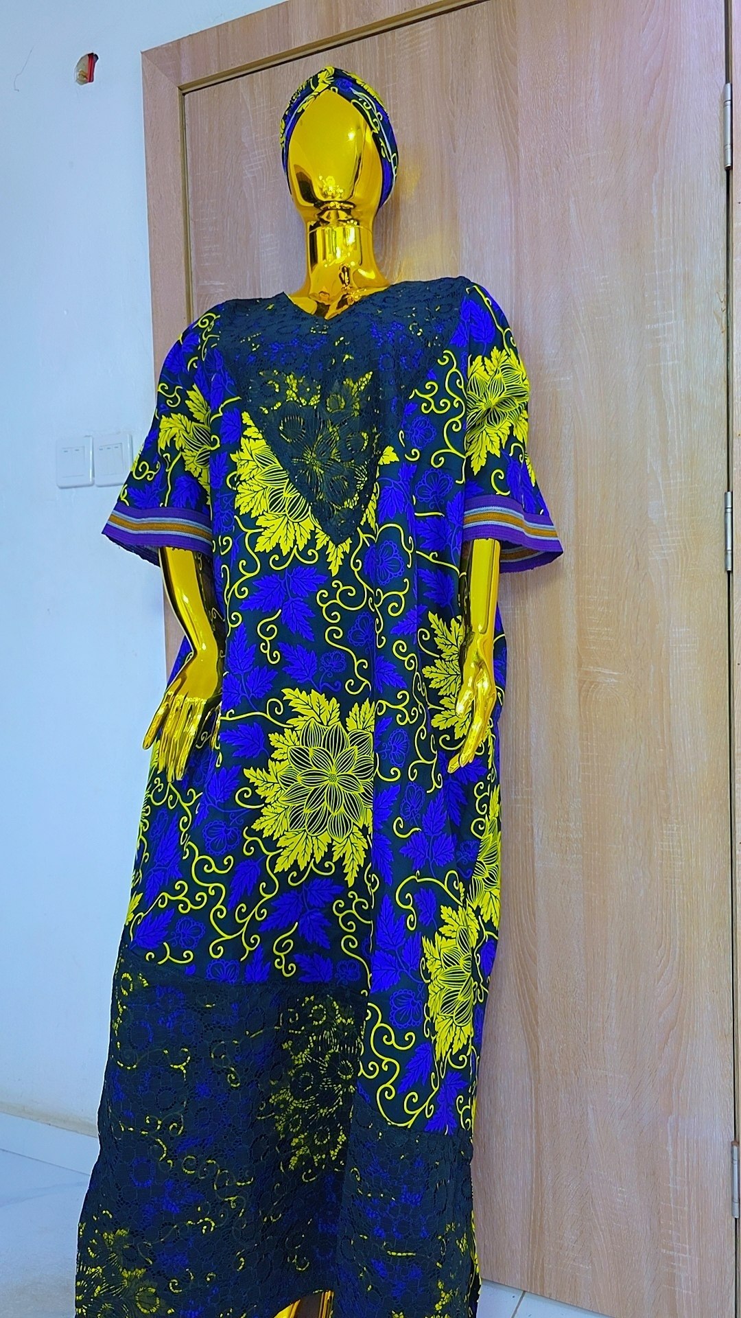 Floral African Boubou Gown with Matching Headwrap & Lace Accents