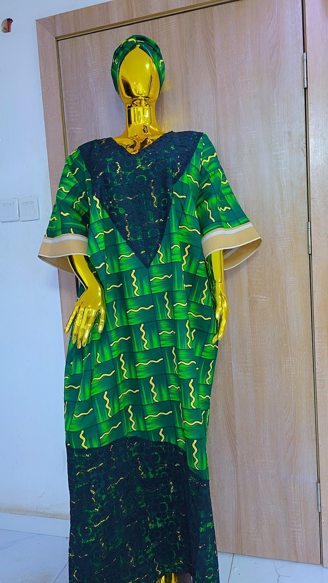 Floral African Boubou Gown with Matching Headwrap & Lace Accents - Image 4