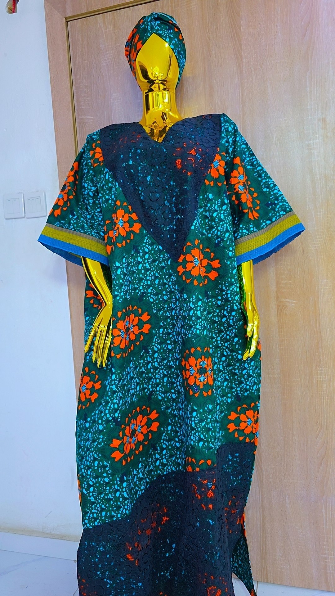Floral African Boubou Gown with Matching Headwrap & Lace Accents - Image 5
