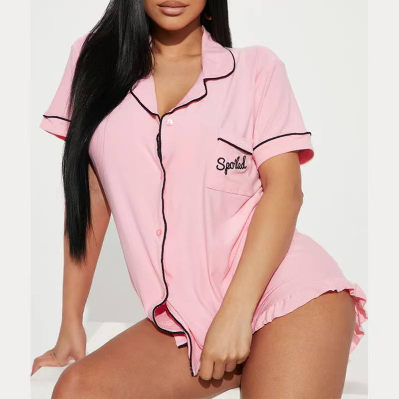 Women’s Satin-Trim Short Pajama Set – 2-Piece Button-Down Sleepshirt and Ruffle Lounge Shorts Set - Image 7
