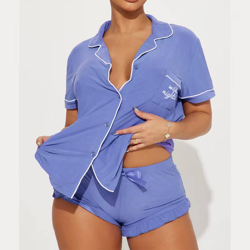 Women’s Satin-Trim Short Pajama Set – 2-Piece Button-Down Sleepshirt and Ruffle Lounge Shorts Set - Image 5