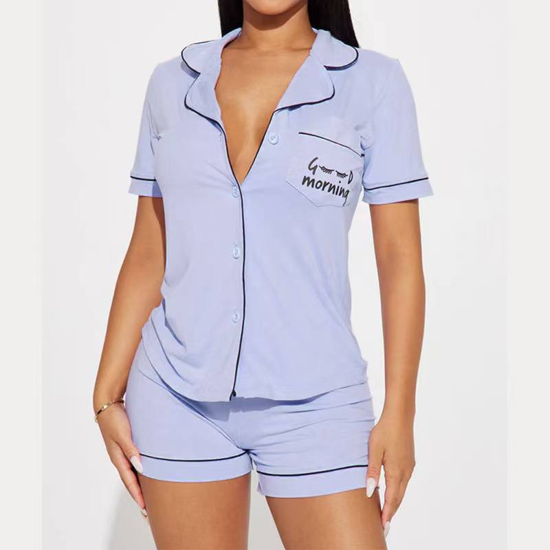 Women’s Satin-Trim Short Pajama Set – 2-Piece Button-Down Sleepshirt and Ruffle Lounge Shorts Set - Image 3