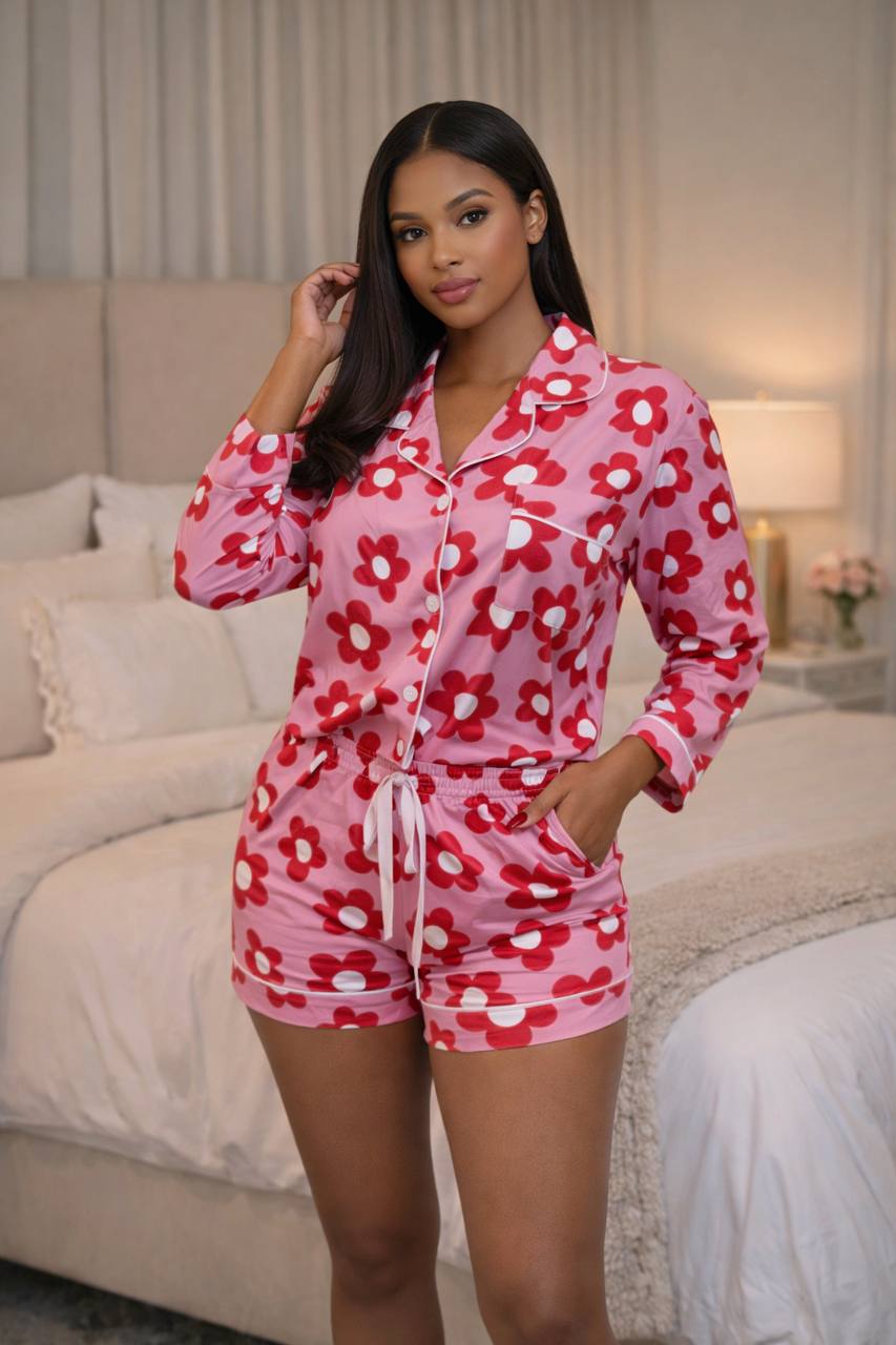 Women’s Vibrant Print 2-Piece Pajama Set – 3/4 Sleeve Button-Down Sleepshirt and Pocketed Lounge Shorts Set - Image 5