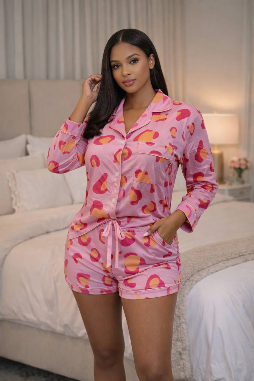 Women’s Vibrant Print 2-Piece Pajama Set – 3/4 Sleeve Button-Down Sleepshirt and Pocketed Lounge Shorts Set - Image 2