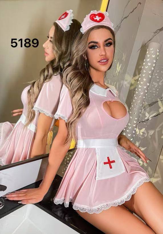 Women’s Pastel Pink Nurse Costume Lingerie Set – 3-Piece Heart Cutout Mini Dress, Satin Apron & Matching Headpiece