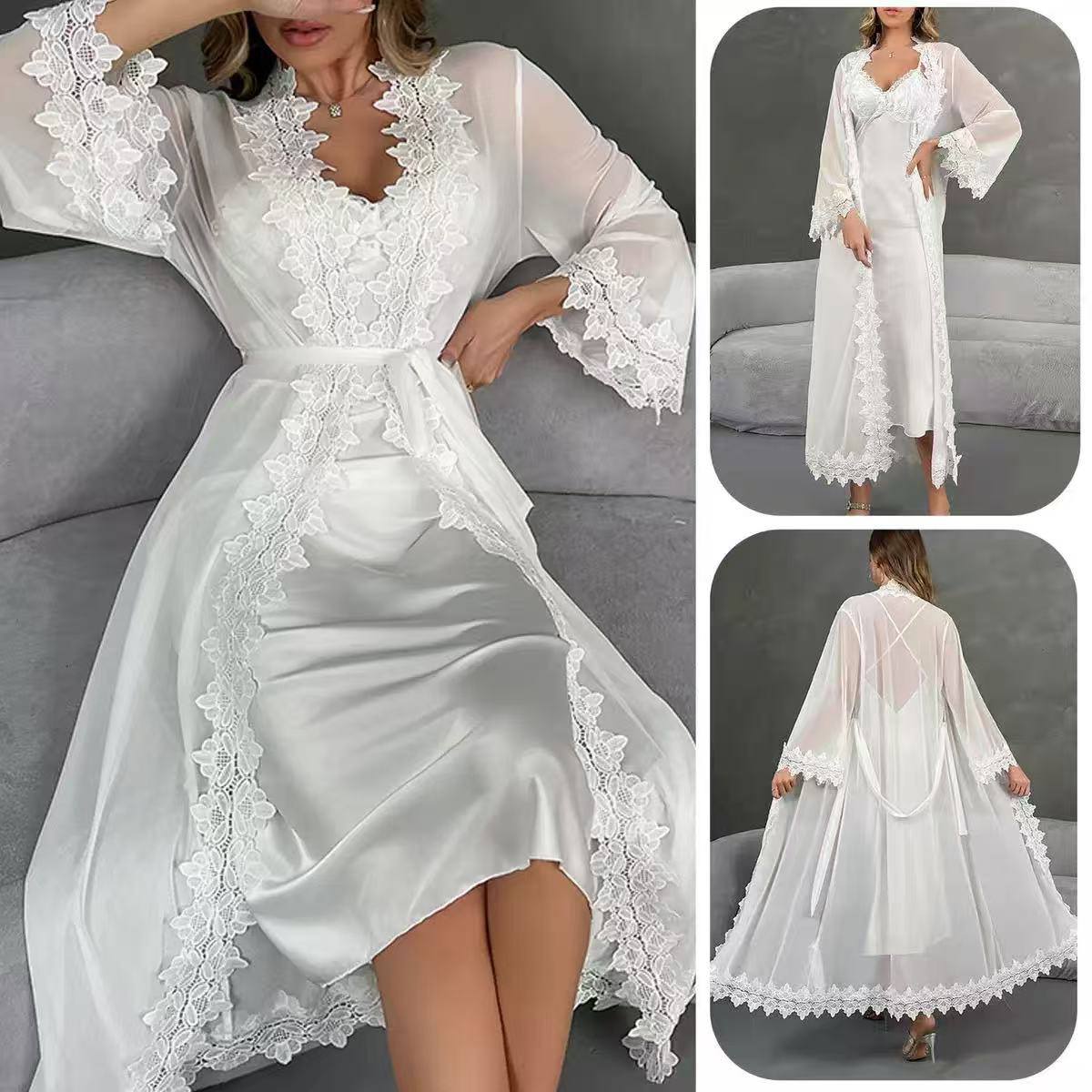 Women’s Luxury 2-Piece Bridal Robe and Nightgown Set – Sheer Lace-Trimmed Chiffon Kimono Robe & Satin Slip Dress Lingerie Set