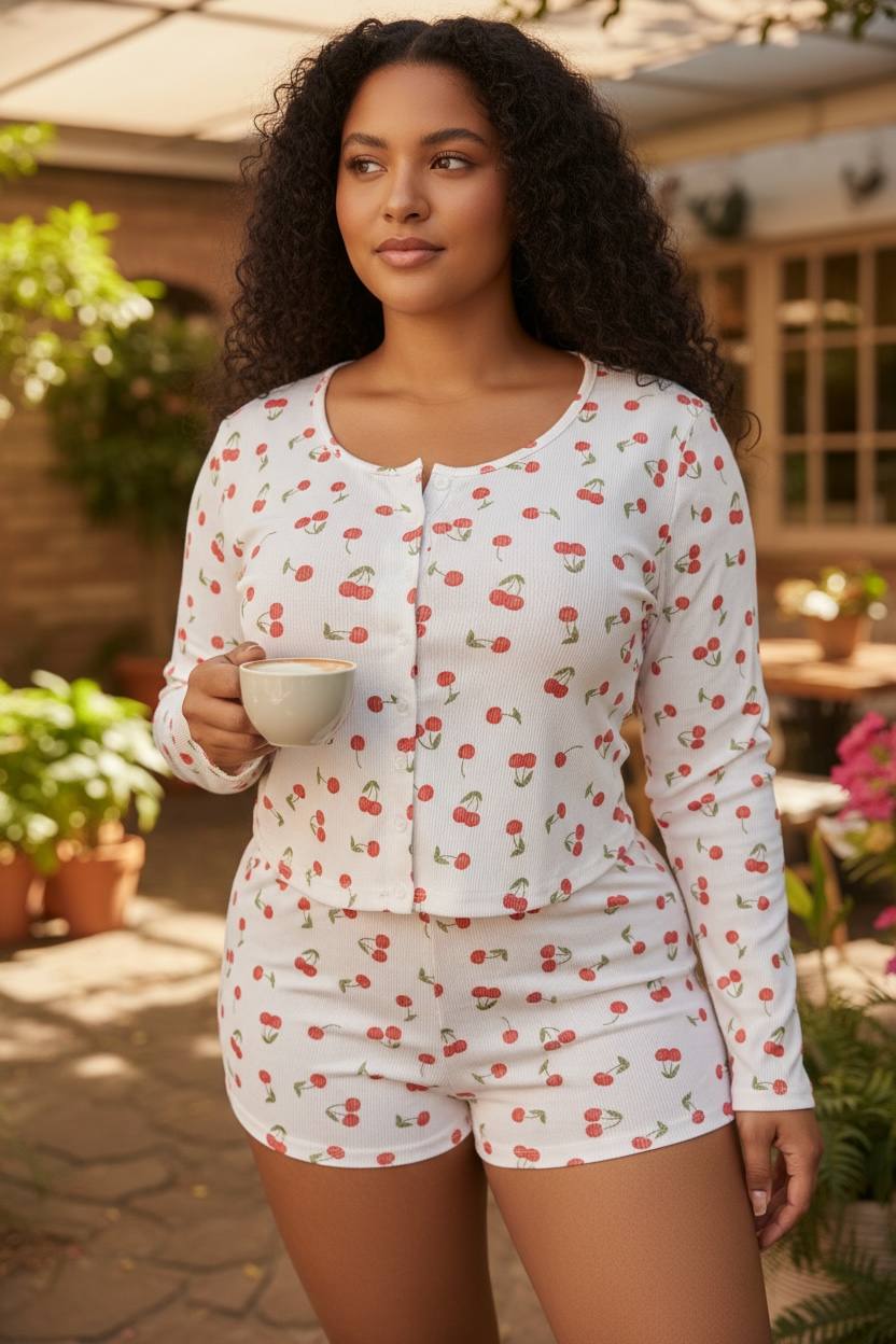 Long Sleeve Button-Front Top & Shorts Loungewear - Image 2