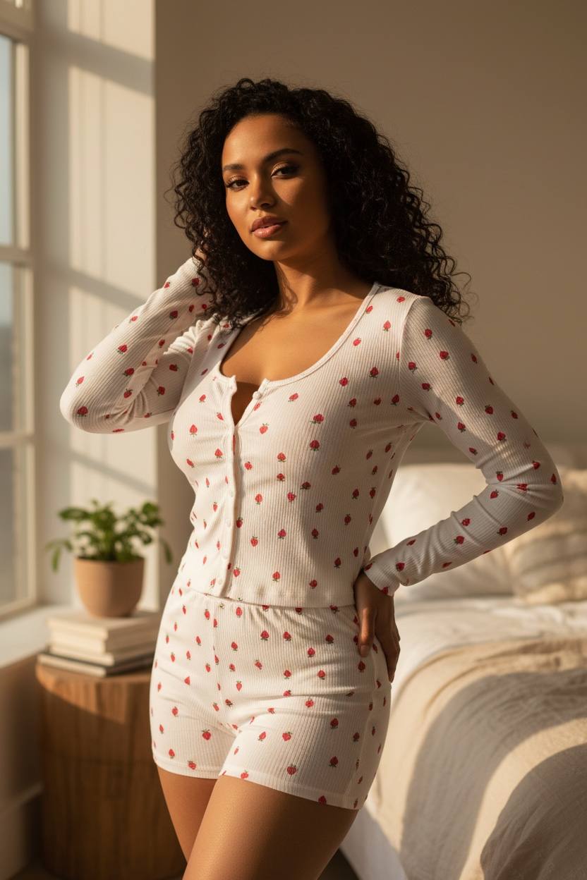 Long Sleeve Button-Front Top & Shorts Loungewear - Image 4