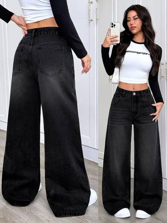 Trendy High-Waist Wide-Leg Washed-Black Denim Trousers