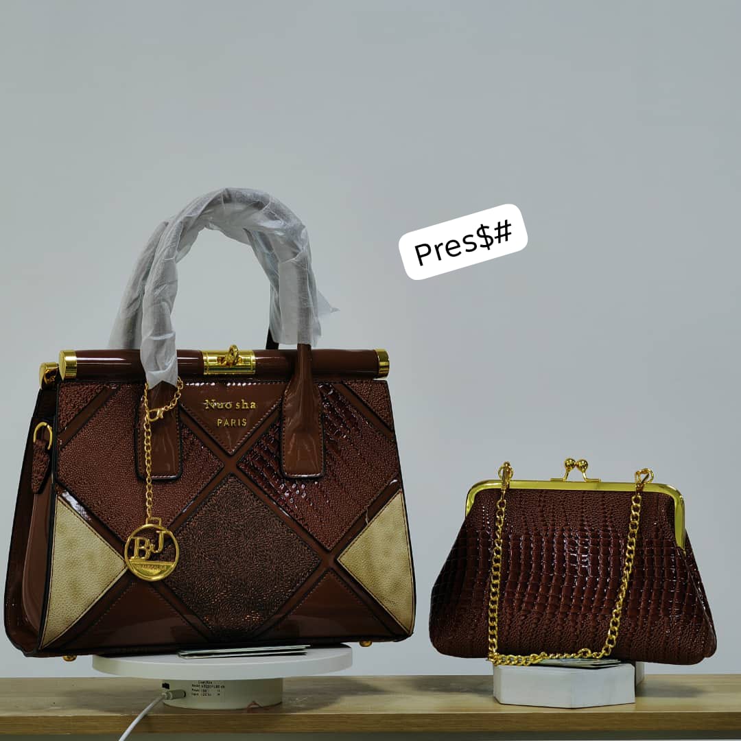 2-Piece Luxury Handbag with Matching Kiss-Lock Croc Clutch and Monogram Charm