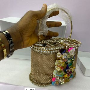 Embellished Gold Bucket With Top Handle And Floral Rhinestones