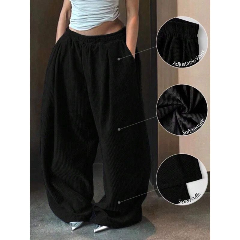 Women’s Premium Ribbed Corduroy Wide-Leg Trousers (Jet Black (with Feature Detail)
